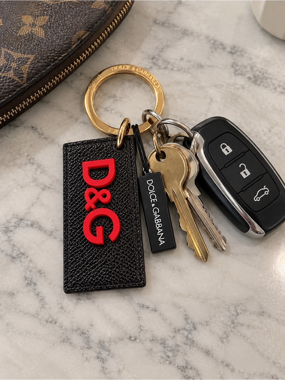 Dolce & Gabbana Black Leather Key Tag with Red D&G Logo and Gold Ring